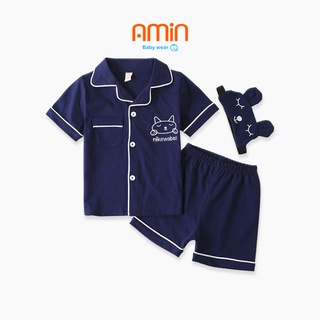 Bộ đồ ngủ tay ngắn cho bé gái từ 3-6 tuổi kèm bịt mắt hình con mèo