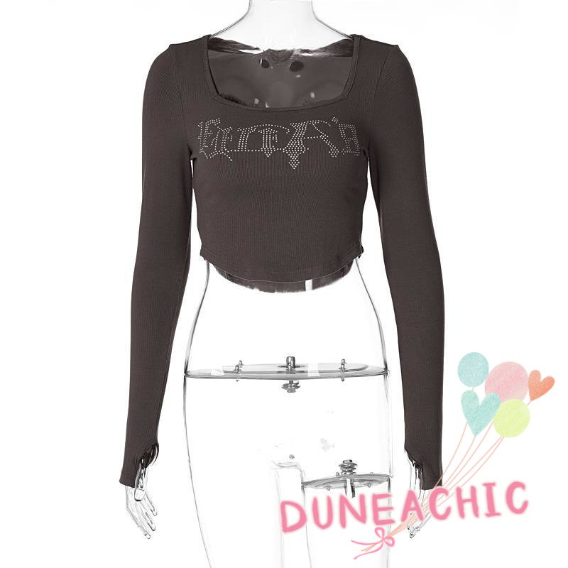 DUNEA Áo kiểu DUNEA tay dài cổ vuông họa tiết đính đá long lanh xinh xắn thời trang dành cho nữ