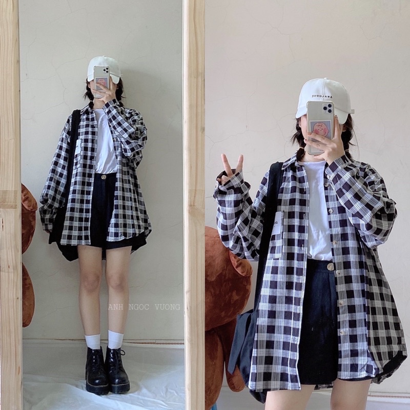 Áo sơ mi kẻ caro dài tay Hàn Quốc oversize siêu đẹp - Xưởng May Hạnh Hồng | BigBuy360 - bigbuy360.vn