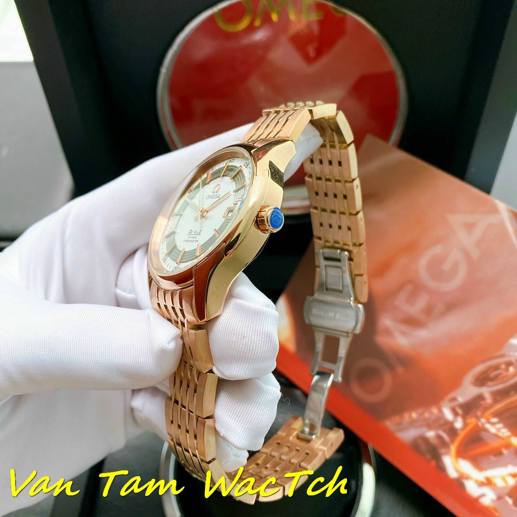 Đồng hồ nam Omega De Ville Gold 42mm máy Nhật Automatic, mẫu mặt tròn 2 màu, viền vàng