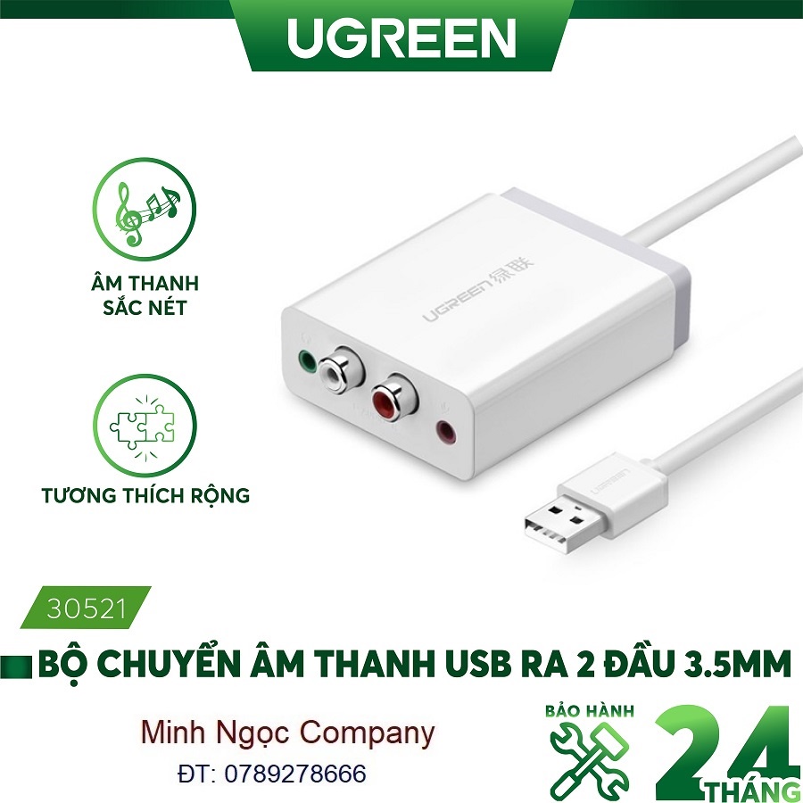 Bộ chuyển âm thanh USB ra 2 đầu 3.5mm (tai nghe+Mic) và 2 đầu hoa sen (RCA) Ugreen 30521