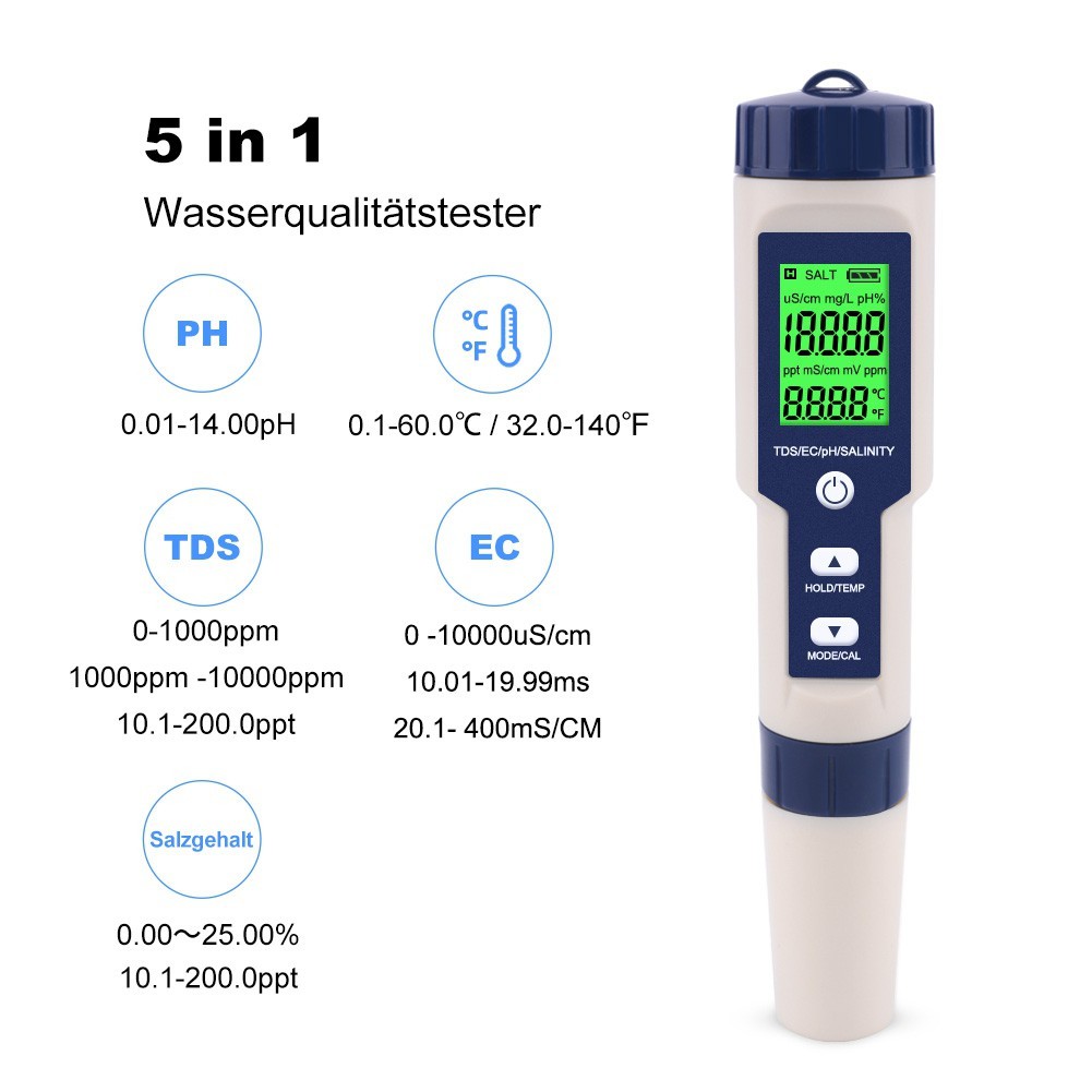 Máy đo pH đo độ mặn đo chất lượng nước nuôi cá cảnh cá Koi 5 trong 1