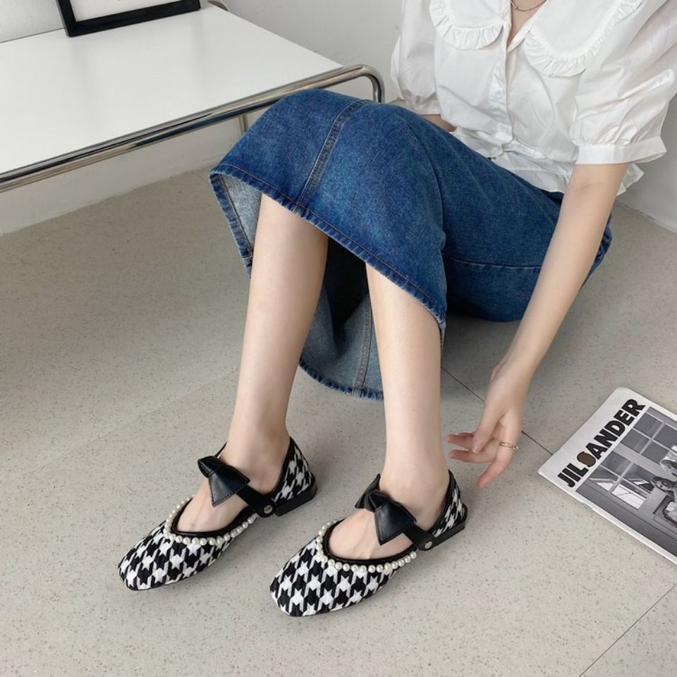 Giày búp bê mũi vuông kẻ sọc đính ngọc trai giả dễ thương cho nữ