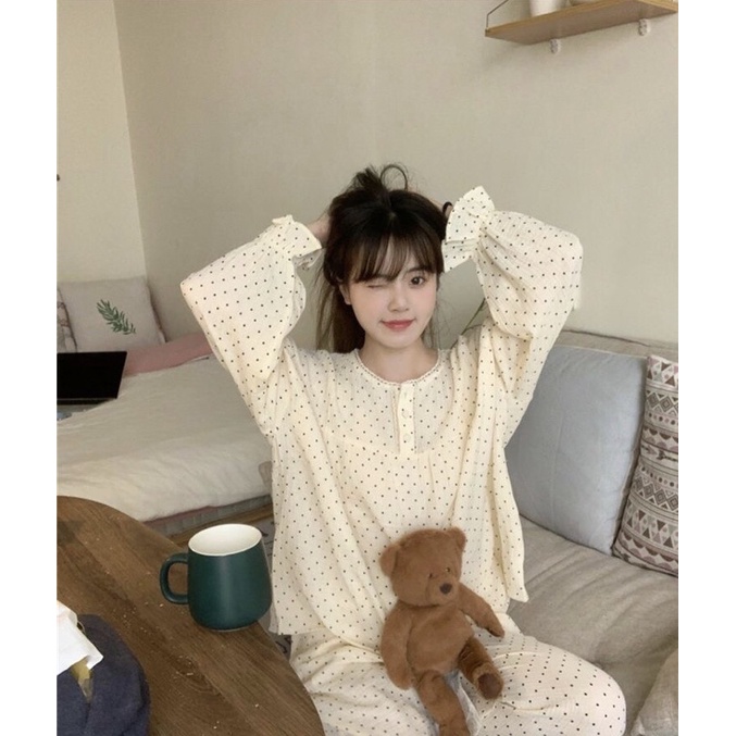 [SẴN] Bộ ngủ xô muslin hoạ tiết chấm bi tay bo tiểu thư | BigBuy360 - bigbuy360.vn