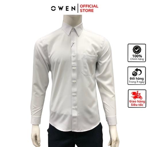 Áo sơ mi dài tay nam OWEN AR221200DT1 somi công sở Vải Sợi Cafe cao cấp Màu Trắng Trơn Dáng Regular Fit Tà Lượn Có Túi
