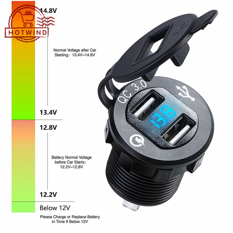 Tẩu sạc QC 3.0 2 cổng sạc USB HW 12V / 24V có vôn kế kỹ thuật số kèm thiết bị đầu cuối cách điện chất lượng cao