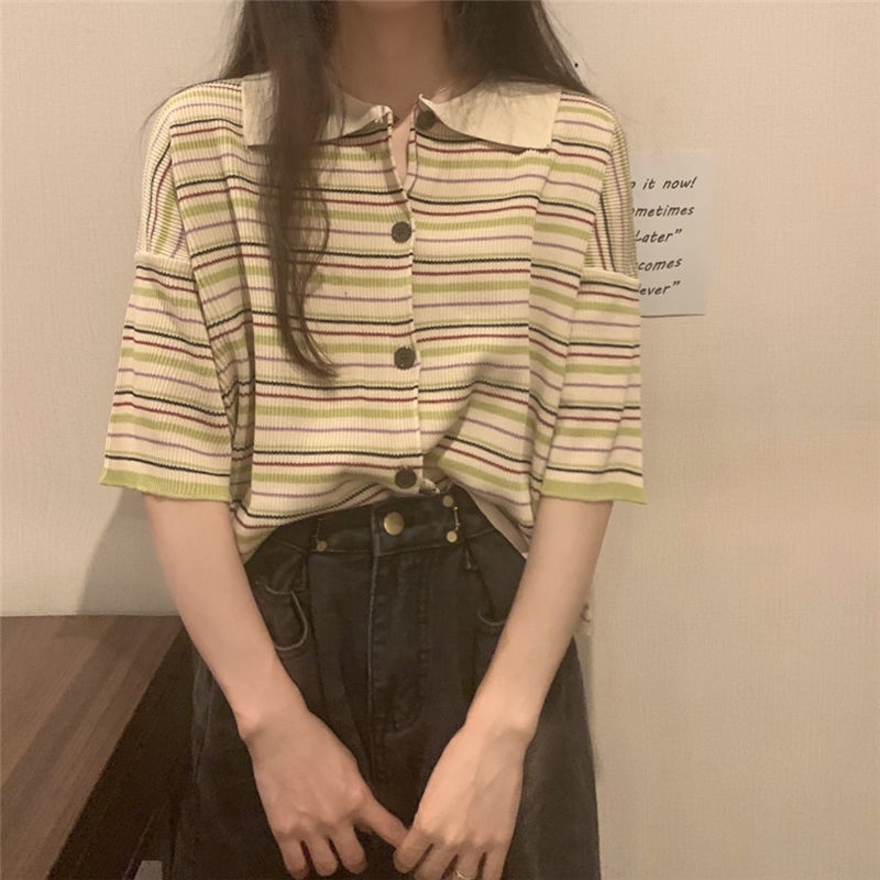 Áo Sweater Kẻ Sọc Dáng Rộng Thời Trang Mùa Hè Hàn Quốc 2022 Dành Cho Nữ