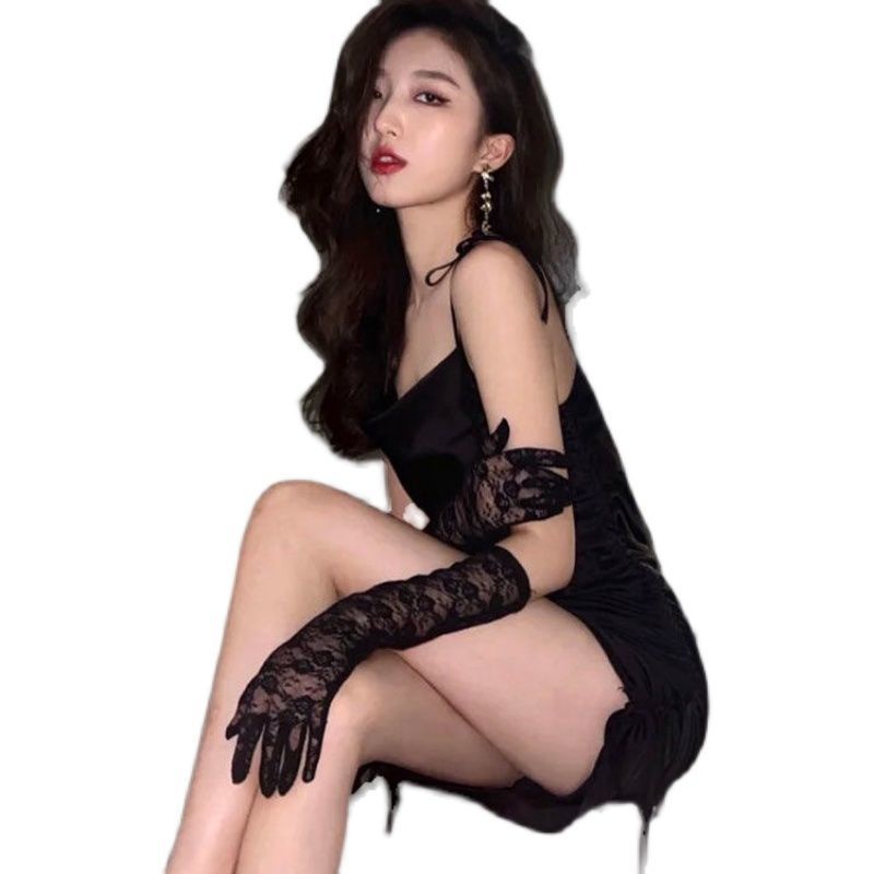 Găng Tay Ren Mỏng Dài Màu Đen Phong Cách Retro Phụ Kiện Chụp Ảnh Cho Nữ