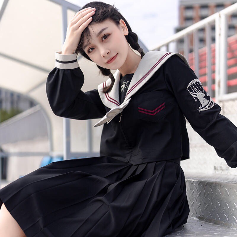 [Order] YAS0775-Set đồng phục Nhật seifuku đen thêu thỏ trắng sọc đỏ