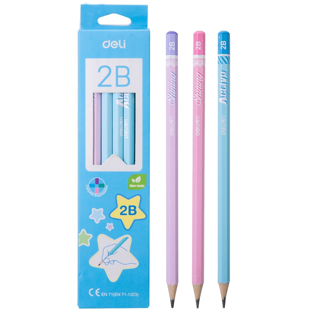 Hộp 12 chiếc bút chì 2B Deli - màu macaron dễ thương sử dụng sơn không độc hại an toàn với người dùng dành cho học sinh