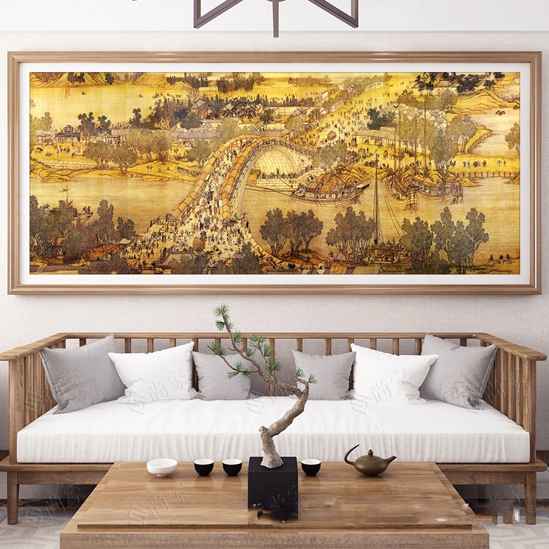 Tranh thêu chữ thập chỉ lụa Thanh minh thượng hà đồ 5049