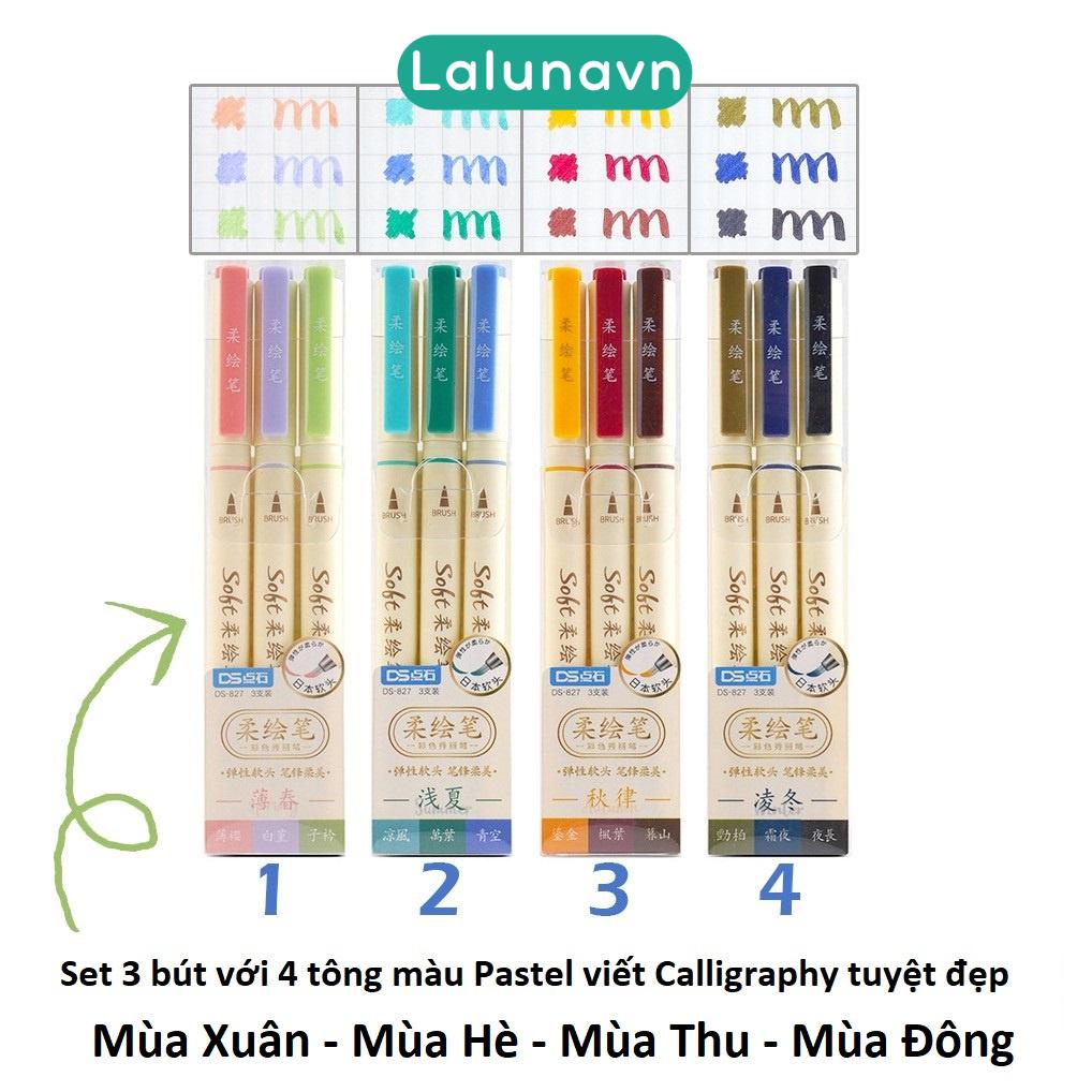 Bộ 3 bút brush Soft viết Calligraphy màu pastel cực đẹp cho sổ tay, Bullet Journal Lalunavn A72