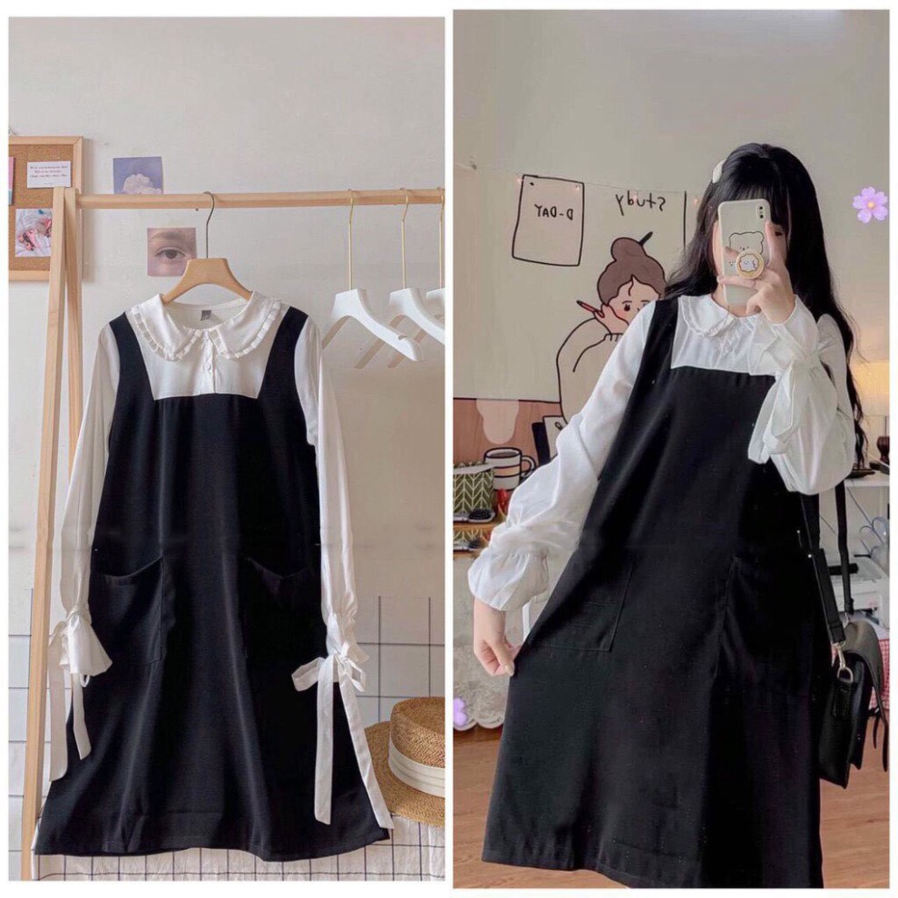 Set đồ nữ váy yếm form rộng màu đen phối cùng áo sơ mi trắng tay bèo_TopOneStore