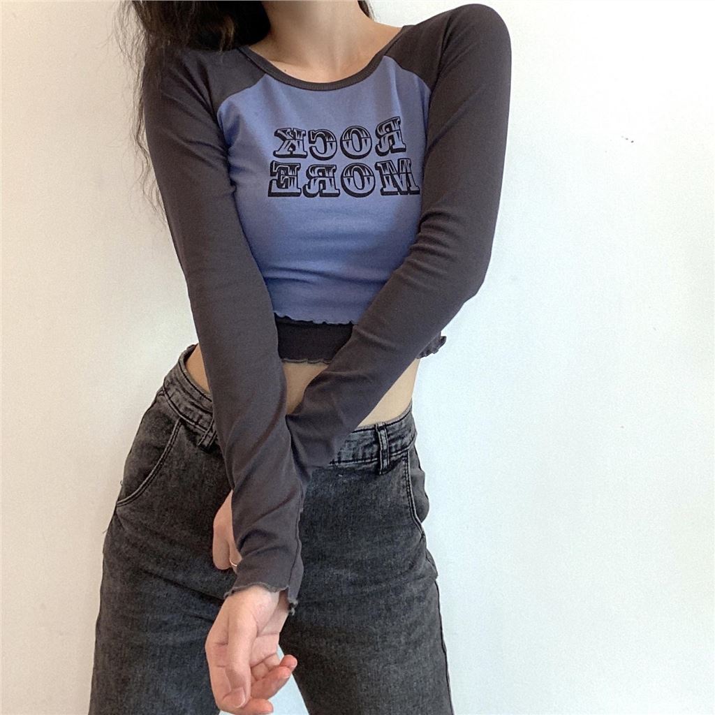 European Style Contrasting Colors Long Sleeve T-shirt For Women