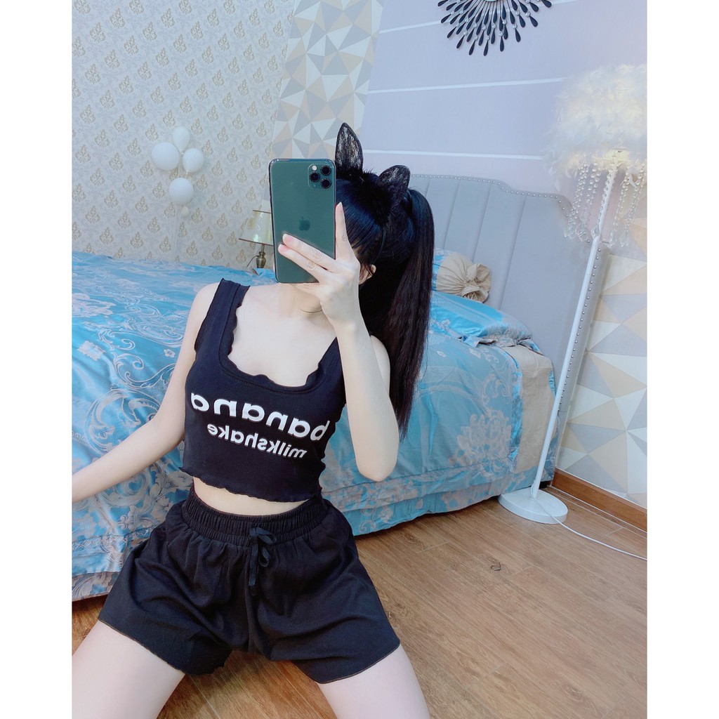 set bộ áo cuốn biên ba lỗ in banana quần short xinh xinh