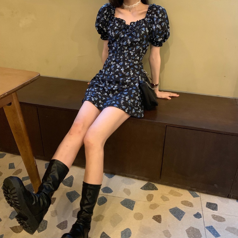 COZOK Đầm Hoa Mỏng Cổ Vuông Tay Phồng Thời Trang Xinh Xắn