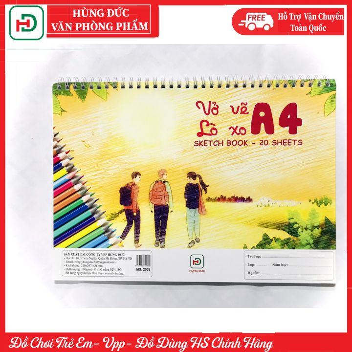 Vở vẽ lò xo A4 Hùng Đức ruột trắng 2009 - 20 tờ KT: 210*297, định lượng giấy 100mg/m2, độ trắng: 92% ISO