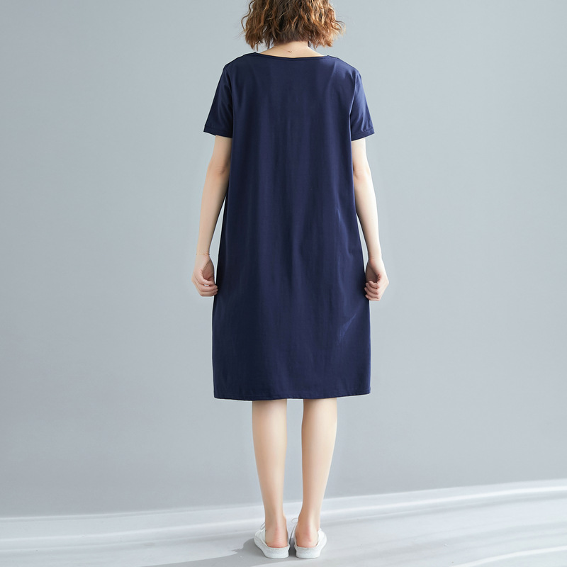 2021 Plus Size Short Sleeve Loose Dress for Woman Summer Korean Style Mid Length Big Pockets T-shirt Dress Female Solid V-neck A Line Dress | BigBuy360 - bigbuy360.vn
