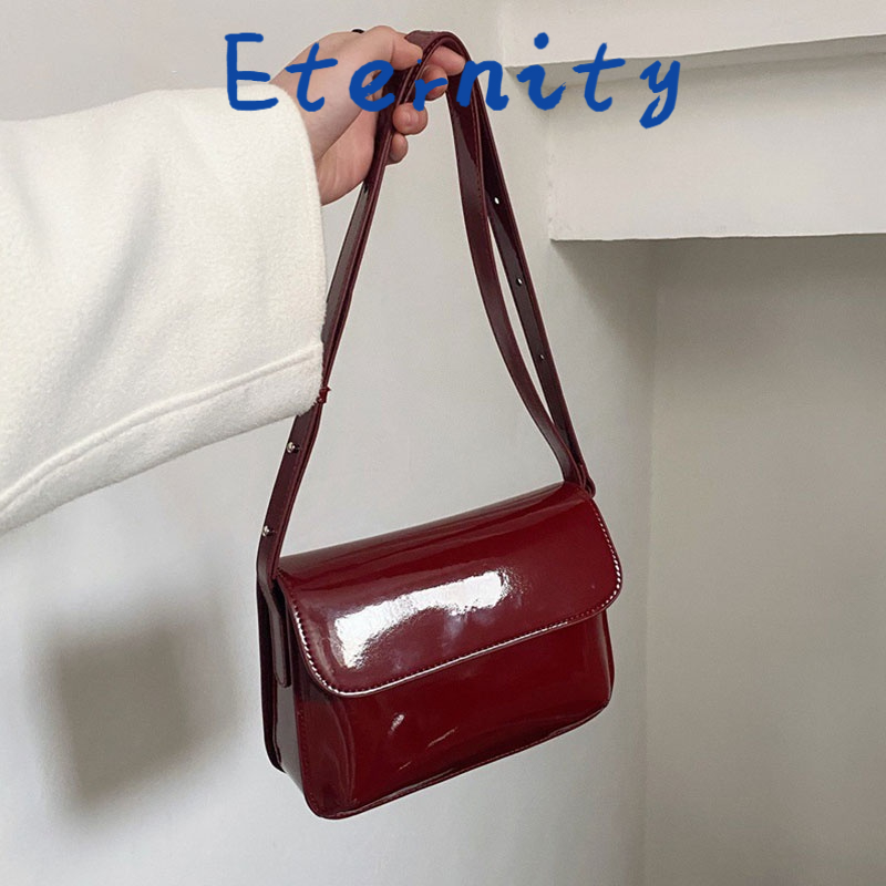 Loveyoung Túi Đeo Chéo Da Bóng Màu Đỏ Tía Phong Cách vintage 3.0