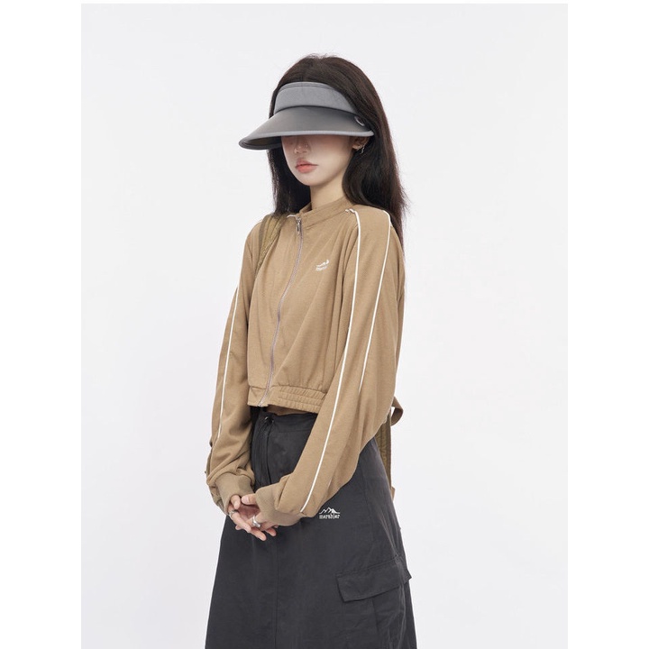 Áo Khoác Cardigan Cổ Đứng Dáng Ngắn Có Khóa Kéo Phong Cách Mỹ Thời Trang Mùa Thu Cho Nữ