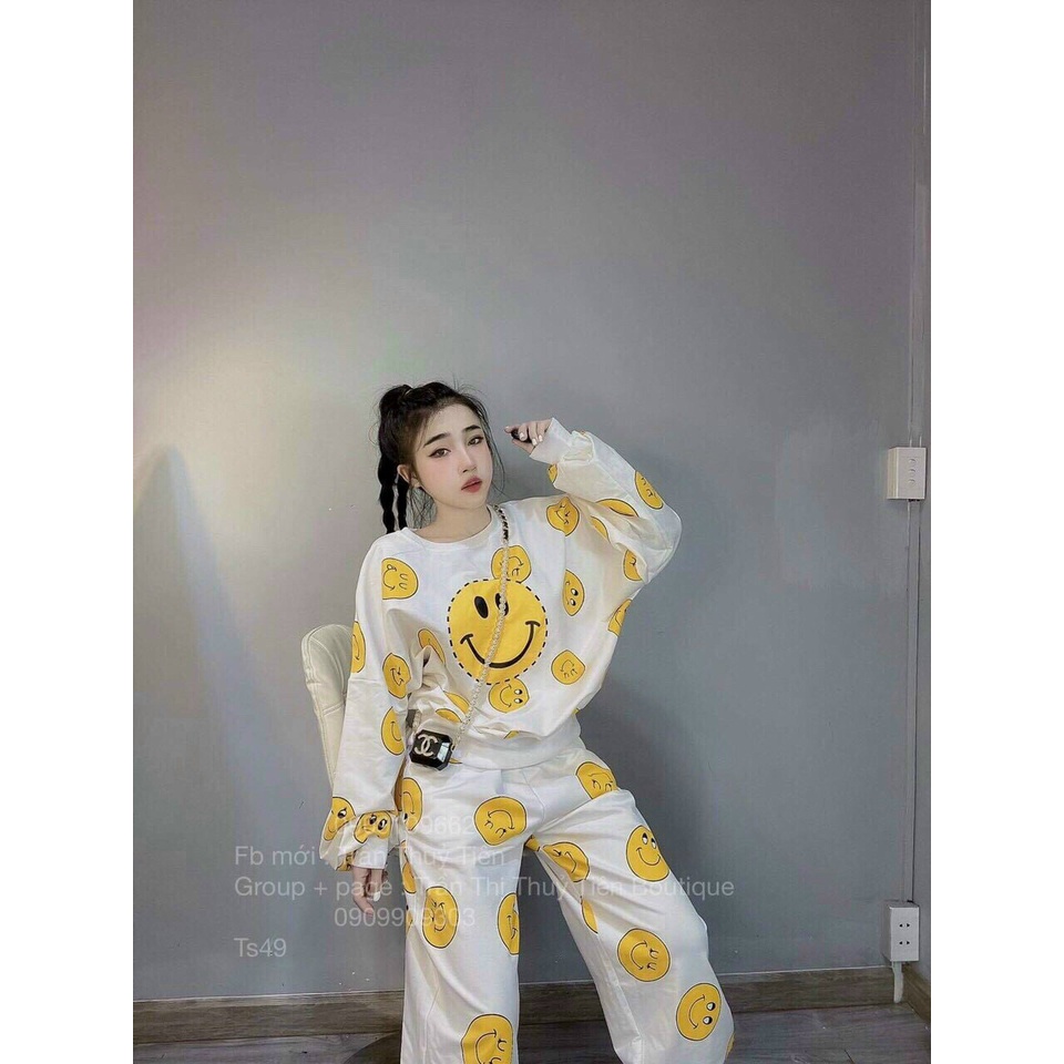 Set bộ thể thao nữ, set bộ thun tay dài in hình mặt cười vàng, quần ống túm đi chơi mặc nhà cho nàng cá tính, năng động
