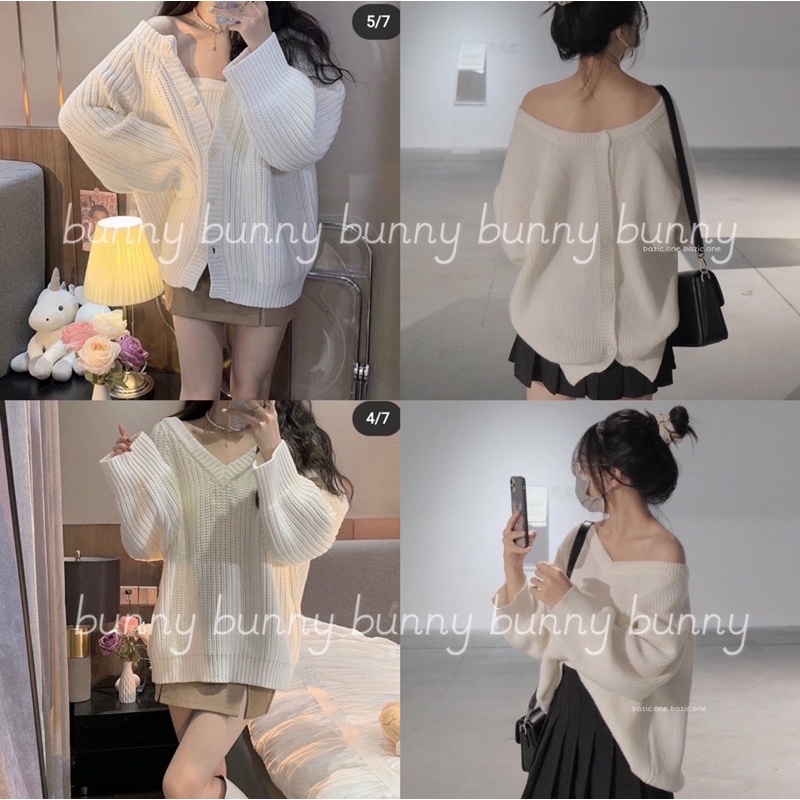 Áo len dệt cổ tim trễ vai cúc sau, áo len cardigan mặc hai kiểu Bazic mẫu mới