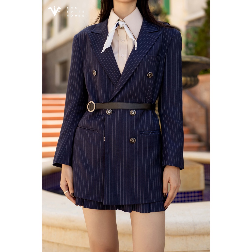 Bộ vest nữ xanh navy kẻ sọc phối chân váy, 6 khuy 2 túi, suits chuẩn form sartorial The Suits House