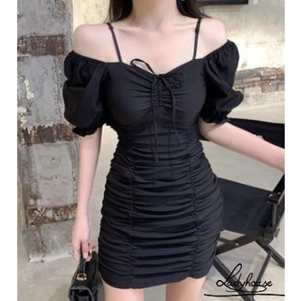 Đầm ngắn tay phồng màu trơn phối dây rút thời trang mùa hè quyến rũ cho nữ