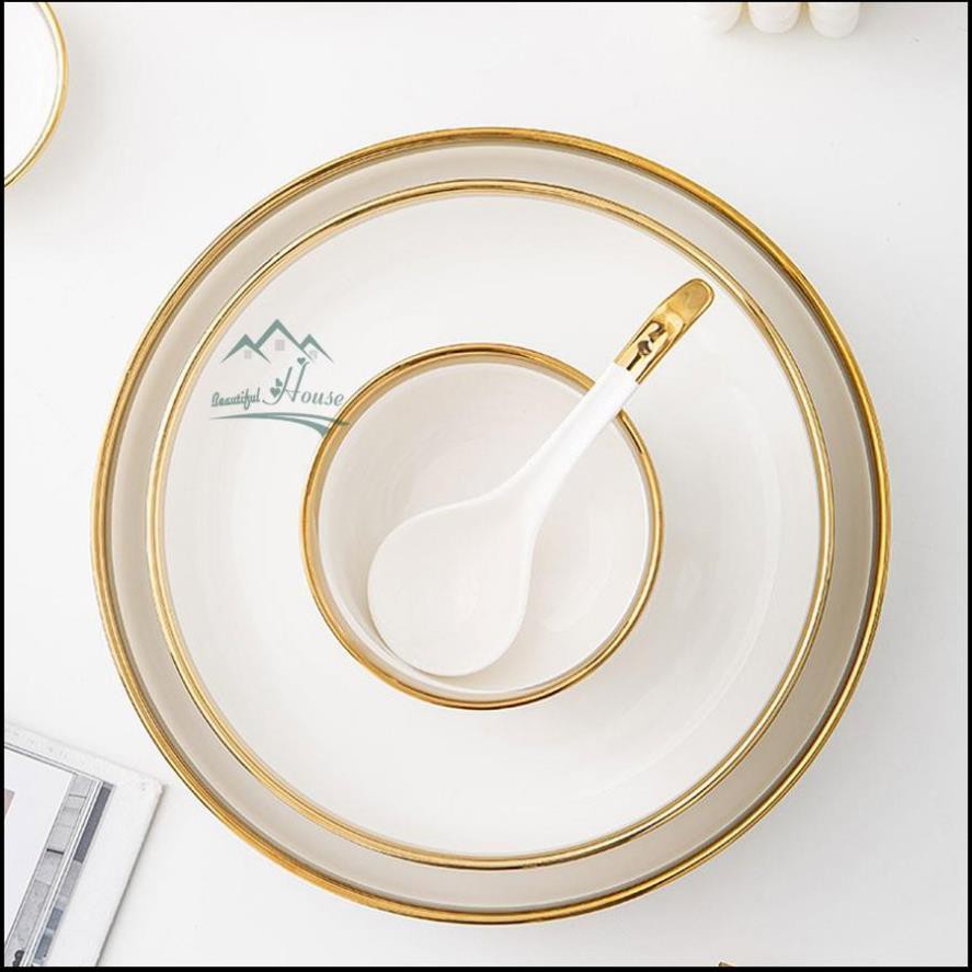 Set bát đĩa đẹp - đồ dùng phòng ăn sứ trắng viền vàng chất lượng cao
