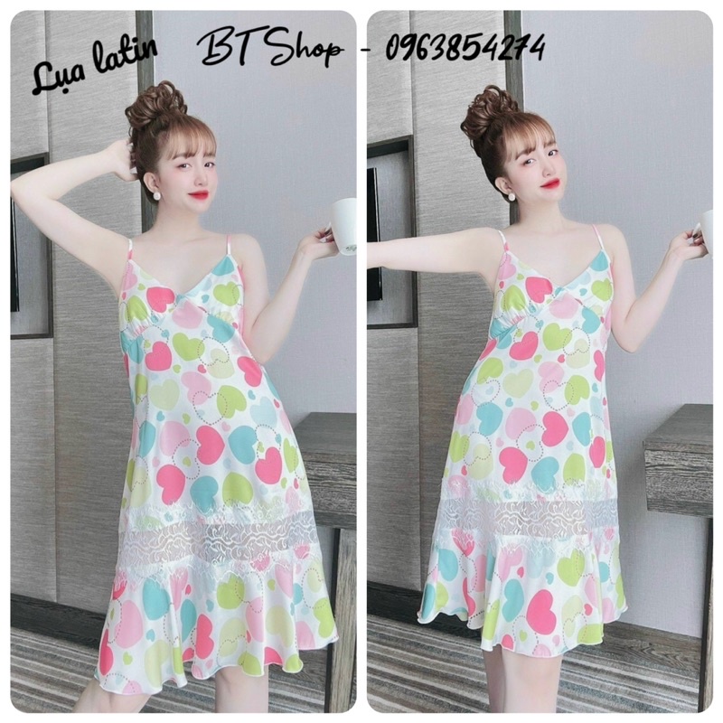 Váy ngủ lụa latin 2 dây đuôi cá phối ren freesize 42-57kg