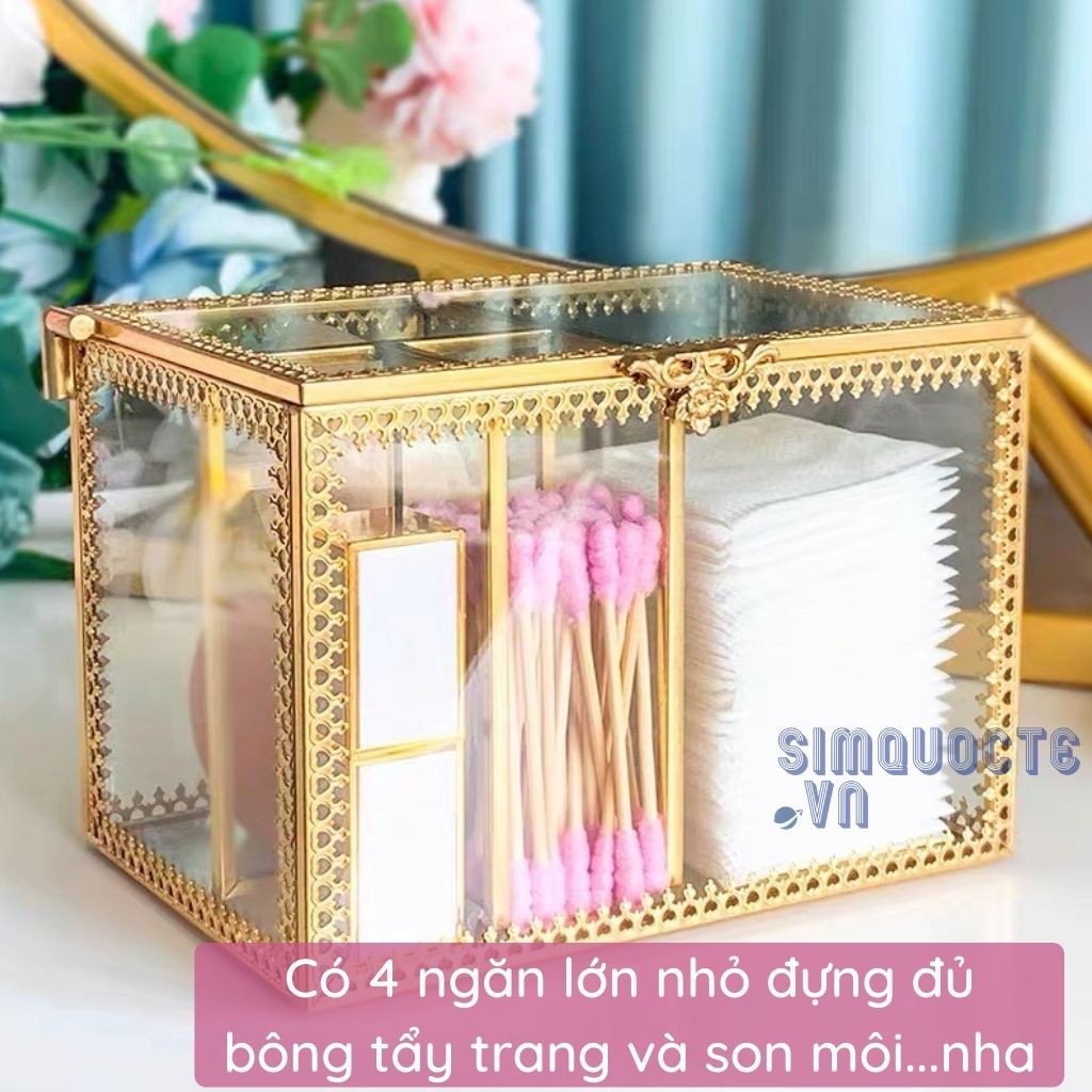 Hộp đựng bông tẩy trang tăm bông sang trọng viền kim loại HKL3