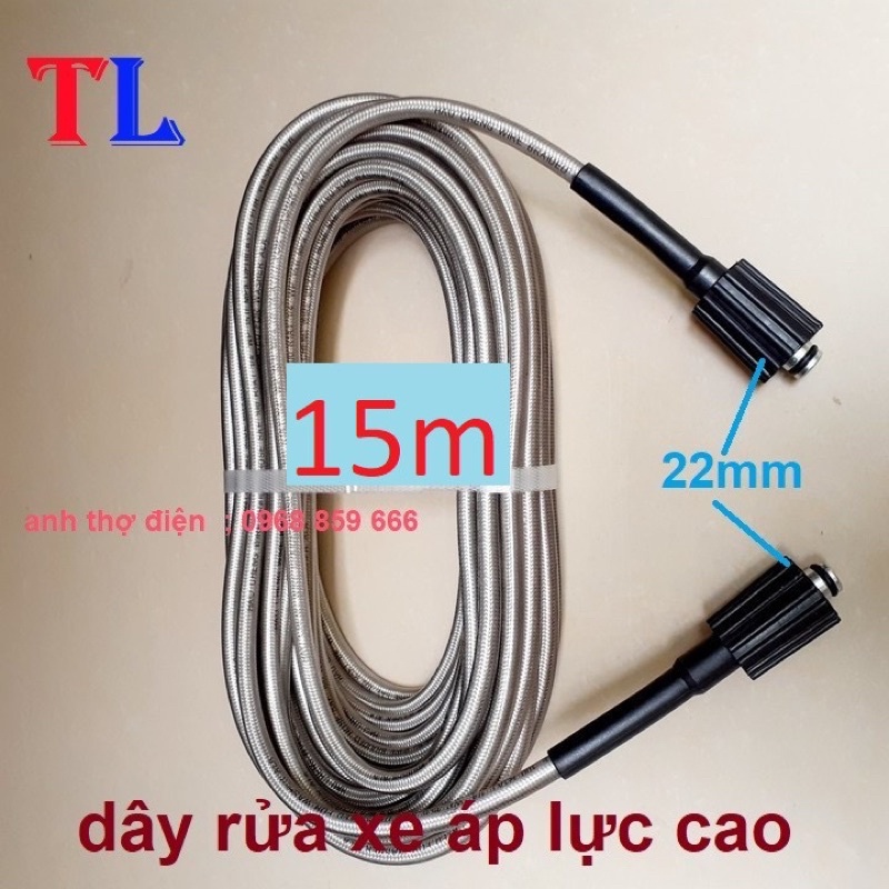 Dây rửa xe 10M,15M,20M áp lực cao 2 đầu to ren 22 tặng kèm khớp Đồng nối dây ren 22mm