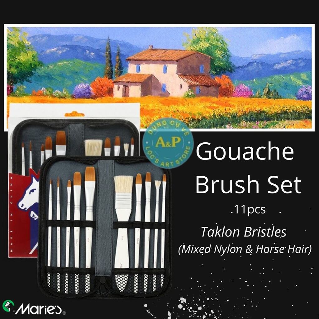 Cọ bộ 10 cây Marie's vẽ màu Gouache  lông nylon và lông ngựa kèm túi đựng