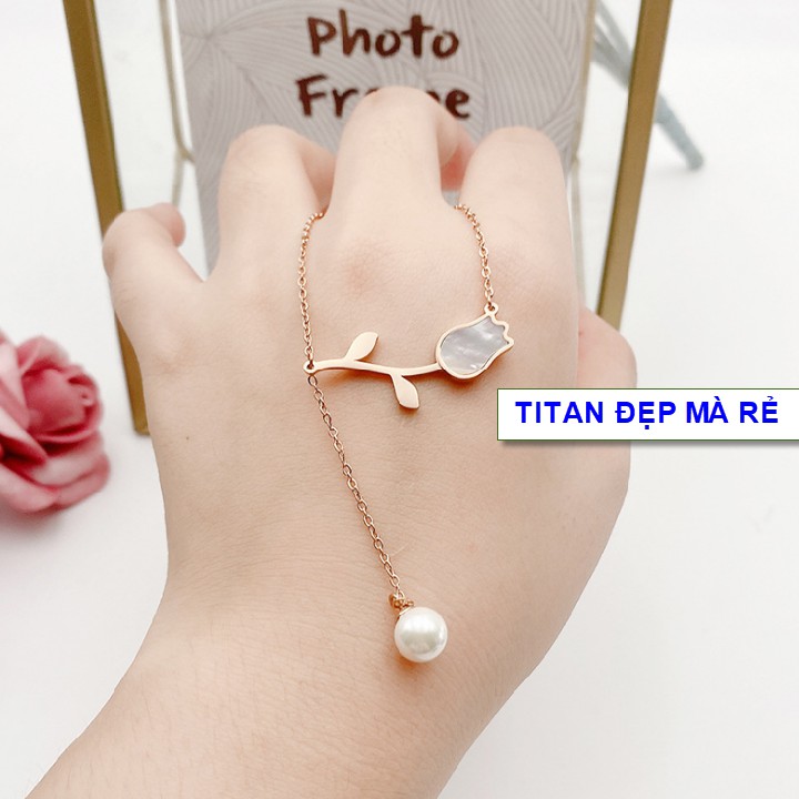 Dây chuyền màu vàng nữ có mặt hoa tulip phối ngọc cực xinh - Hàng chuẩn titan màu sắc bóng đẹp-Cam kết 1 đổi 1 nếu đen