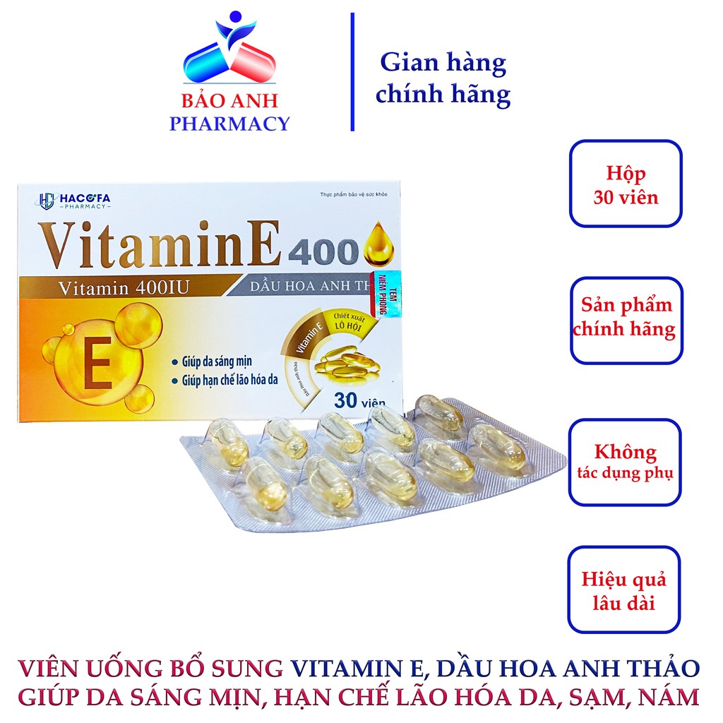 Viên dưỡng da, làm đẹp, chống lão hóa, giảm nám, sạm da, bổ sung Vitamin E, Nha đam, Dầu Hoa anh thảo –VITAMIN E 400 VNM