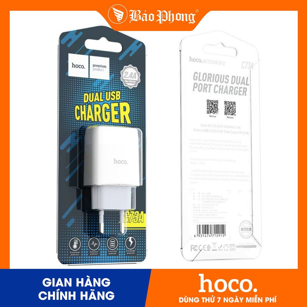 Củ sạc Hoco C73A 2 cổng USB Dành cho điện thoại iPhone iP Xiaomi Huawei Samsung Oppo Realme