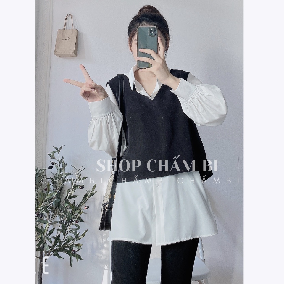 Sét gồm áo sơ mi trắng cổ đức form rộng và yếm gile A.248