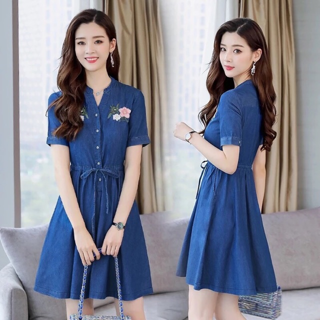 Đầm jean hoa cổ trụ eo dây rút bà bầu mặc ok size M L