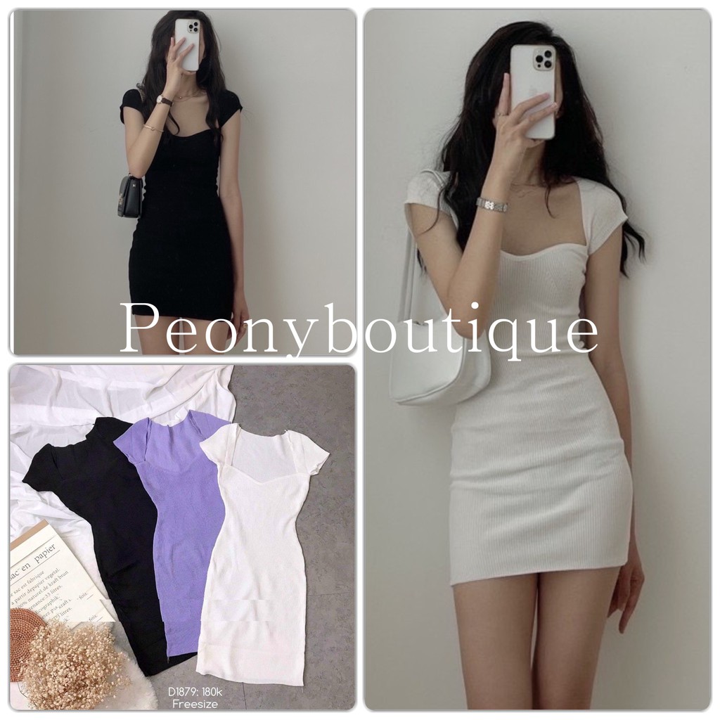 Váy Body Thun Tăm Cổ Én PEONYB Nữ [FREESHIP] 🌸 Đầm dáng ôm thiết kế cúp ngực tay ngắn bánh bèo tiểu thư Ulzzang 🌸