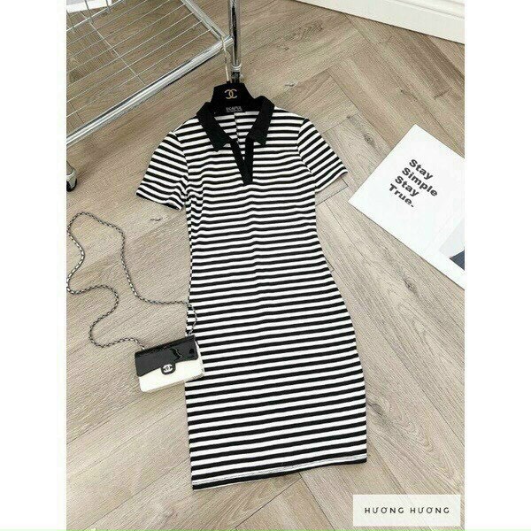 đầm cổ bẻ viền màu tay ngắn sọc ngang xinh tôn dáng chất gân mềm k