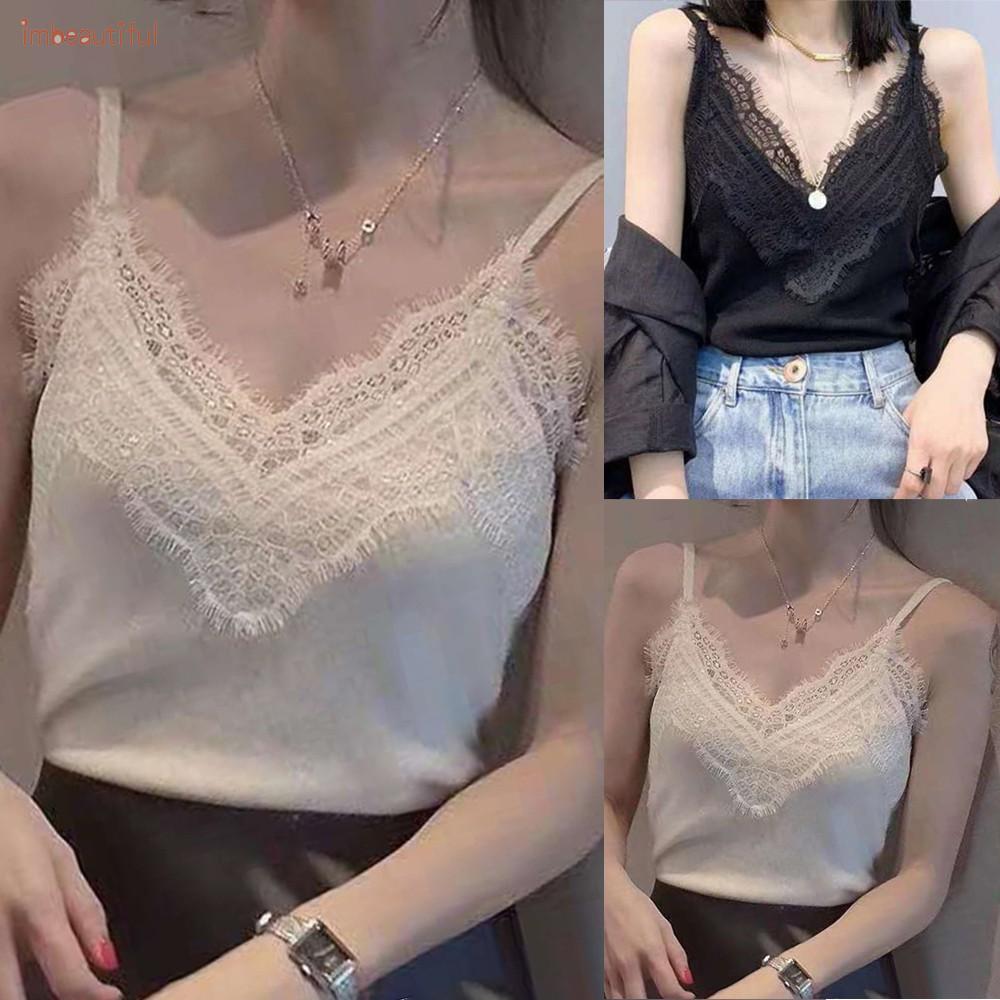 Women Casual Lace sling feminine halter bottoming shirt sleeveless top stretch knit