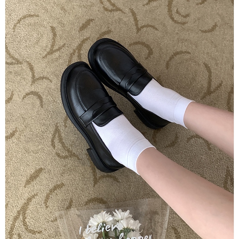Giày lười nữ Mũi tròn Đế cao Da giả Giày đen da nữ loafer Cao cấp Thời trang Phong cách Hàn Quốc