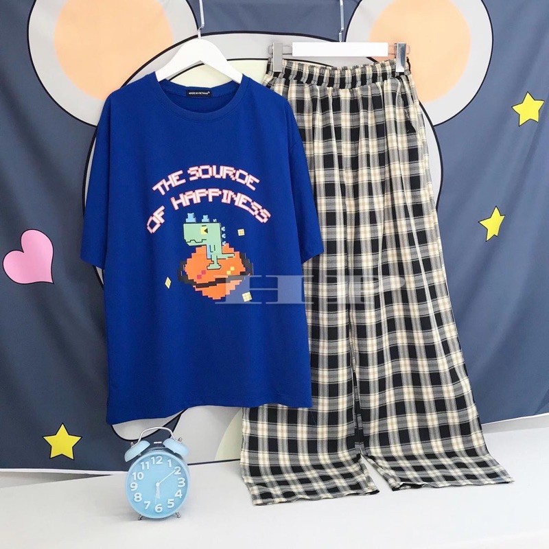 Sét áo hoạt hình THE + quần kẻ trắng to TH6