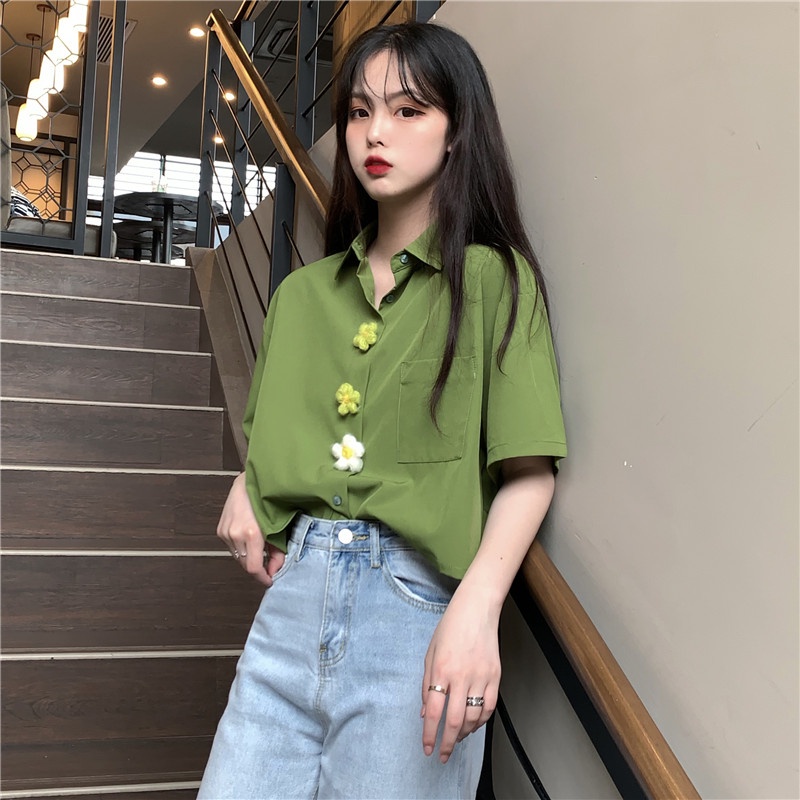 Áo Sơ Mi polo Tay Ngắn Dáng Rộng Thời Trang Mùa Hè Hàn Quốc Dễ Thương Cho Nữ