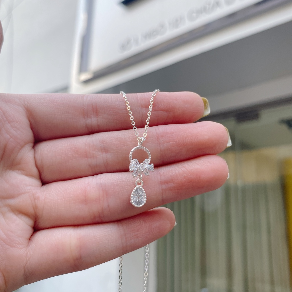 Dây Chuyền Bạc Ta Cao Cấp CaoBac Silver  Thiết Kế Hoạ Tiết Hình Nơ Đá Rơi Nhẹ Nhàng, Thanh Lịch Dành Cho Bạn Gái