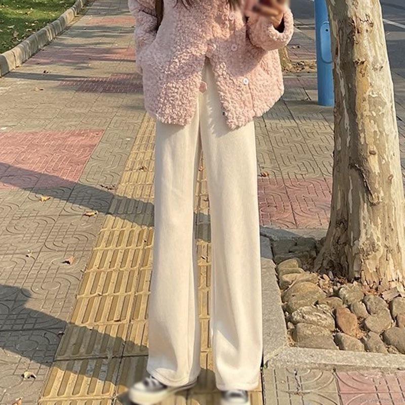 Quần dài ống rộng lưng cao chất liệu nhung dày dặn thời trang | BigBuy360 - bigbuy360.vn