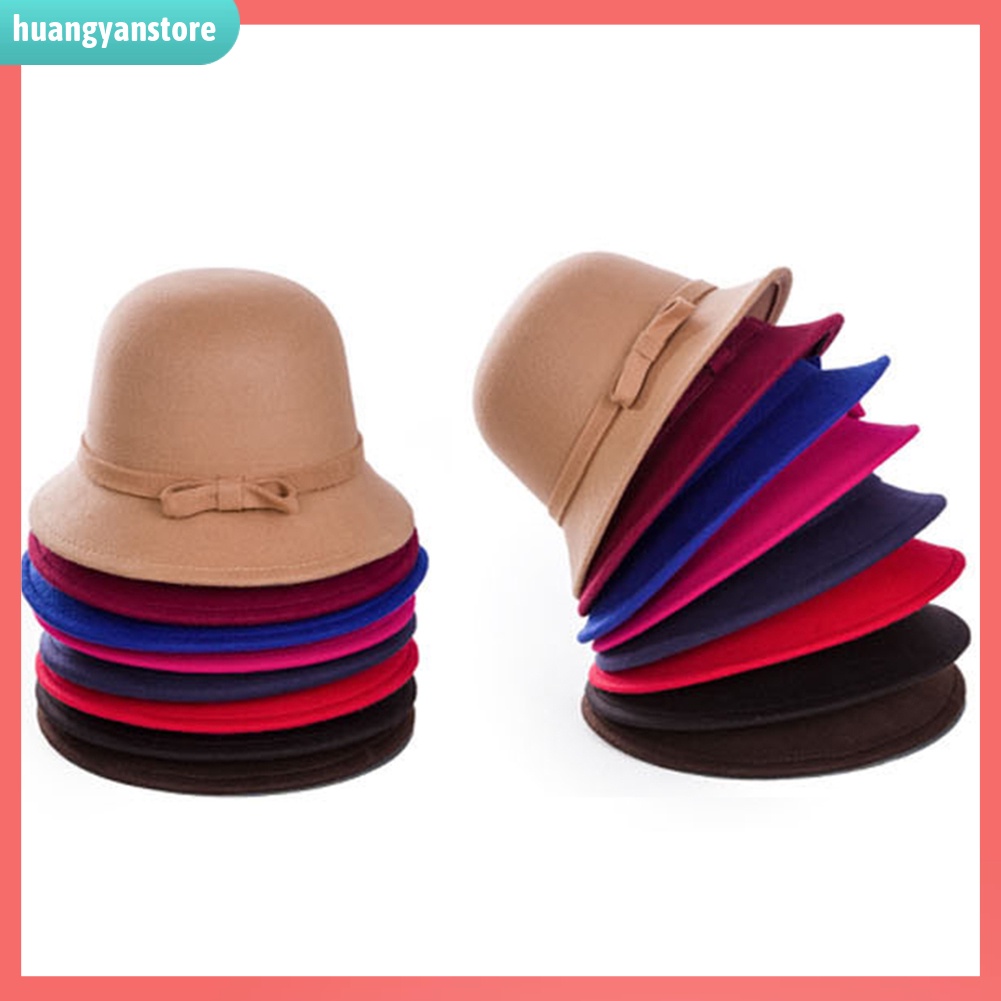 HY| Mũ len màu trơn có đính nơ xinh xắn dành cho nữ