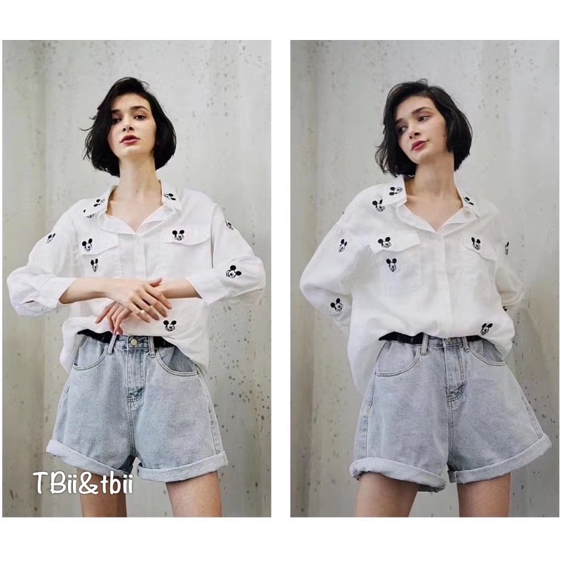 áo sơmi trắng thêu mickey