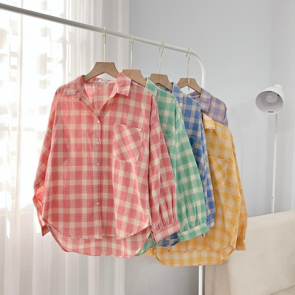 Áo Sơ Mi Kẻ Caro Tay Dài Phồng Chất Thô Đũi Mềm Mại 1 Túi Vuông, Sơ Mi Caro Nữ Tay Phồng Freesize Form Rộng SUBICI