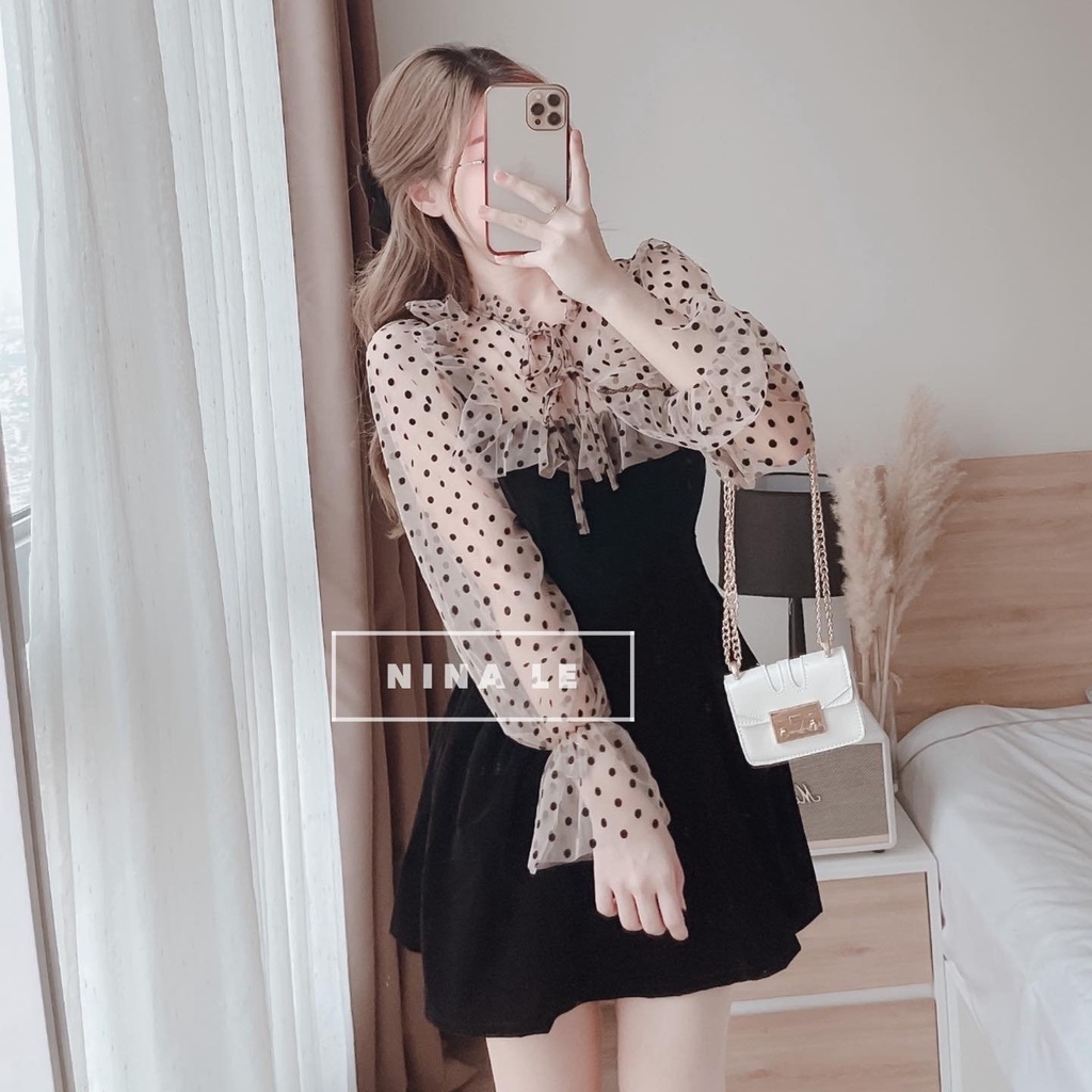 Đầm tay dài phối lưới chấm bi kết hợp với cột nơ xinh xắn, dễ thương thời trang nữ dành cho các nàng đi chơi,dự tiệc | BigBuy360 - bigbuy360.vn